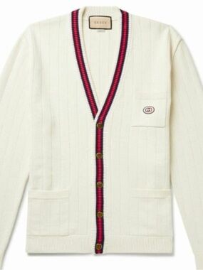 Gucci Men's Ivory Cable-Knit Cardigan Sweater XXL Striped Trim Logo Button